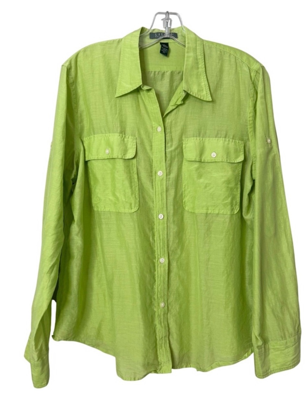 Woman’s Lauren Ralph Lauren Lime Green Button-Down Silk Shirt sz XL
